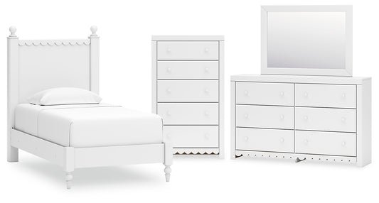 Mollviney Twin Panel Bed with Mirrored Dresser and Chest