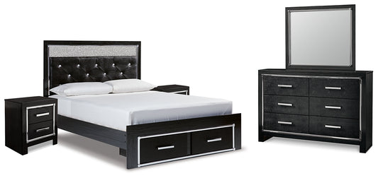 Kaydell Queen Upholstered Panel Storage Bed with Mirrored Dresser and 2 Nightstands