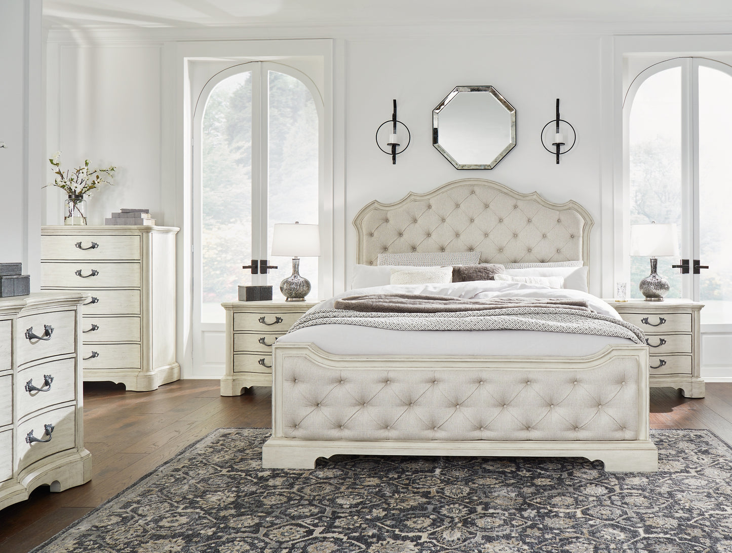 Arlendyne Queen Upholstered Bed with Mirrored Dresser, Chest and 2 Nightstands